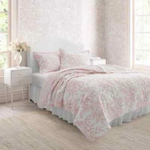NEW! ~ COZY COUNTRY COTTAGE CHIC SOFT PINK WHITE ELEGANT LEAF ROMANTIC QUILT SET - Picture 1 of 5