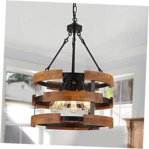 5-Light Round Rustic Chandelier Light Fixture, Black Round Wood 3 Pendant - Picture 1 of 8