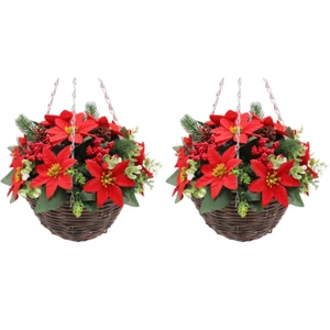Pair of Best Artificial 30cm Red Poinsettia Christmas Wicker Hanging Baskets - Picture 1 of 4