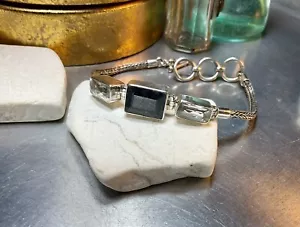 Genuine 925 Solid Sterling Silver Natural Sapphire & Quartz Gemstone Bracelet - Picture 1 of 14