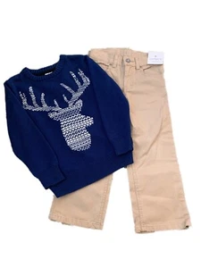 NWT Little Boys Gymboree Deer Sweater Blue and Carter's Pants Tan Size 4 - Picture 1 of 3
