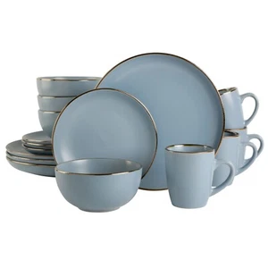 Gibson Home Rockaway Gold 16-Piece Stoneware Dinnerware Set - Matte Blue - Picture 1 of 5