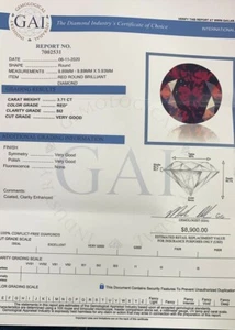 GAI Certificate 3.71ct Brilliant Round Cut Fancy Red Color Diamond  SI2 Clarity - Picture 1 of 2
