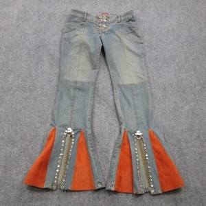 VTG Guess Jeans Womens 29 Denim Stretch Flare Belle Low Ris Leather Boho Hippie - Picture 1 of 15
