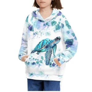 White blue water color turtle Sweatshirt pullover Hoodie girls youth size L - Picture 1 of 8