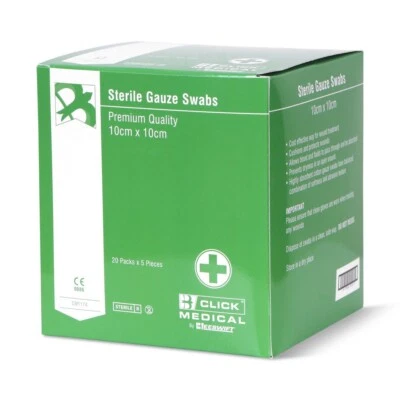 Click Medical Soft First Aid Gauze Swabs 10cm x 10cm Sterile - 100pk - 20pk of 5