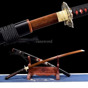 Japanese Katana Folded Clay Tempered Red Blade Lacquer OX Horn Sword Brass Tsuba - Picture 1 of 10