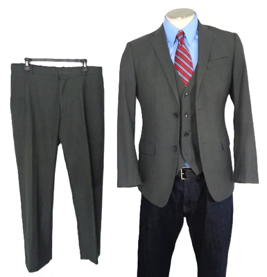 Men's 3 Piece Suit Perry Ellis Size 40R Striped Pants 34x30  Surgeon's Cuff - Image 1 of 4