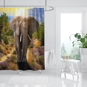 3D Elefant Prärie  8 Duschvorhang Wasserdicht Faser Bad Daheim Windows Toilette - Picture 1 of 3