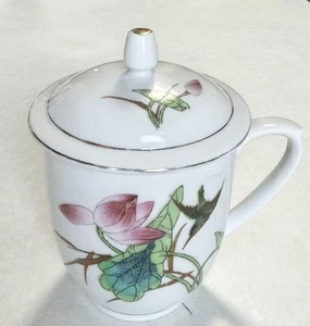 Jingdezhen mug cup 1 piece, mug cup with lid hummingbird and flower bird pattern - Picture 1 of 10