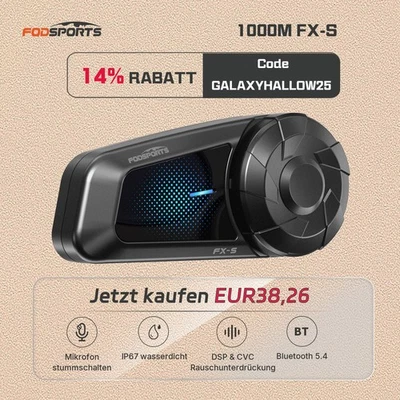 Fodsports FX-S Motorrad Headset Bluetooth Helm Gegensprechanlage 2 Way Intercom - Bild 1 von 4