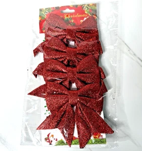 Red & Gold Christmas Holiday Sparkle Glitter Indoor/Outdoor Bows 2 Pkgs of 4 NEW - Picture 1 of 3