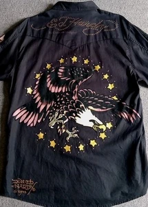 Vintage Ed Hardy Shirt Men's XL Black Pearl Snap Grunge Stones AOP Back Hit EUC - Picture 1 of 14