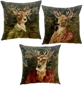 SET OF 3 VERDURE ANTHROPOMORPHIC STAG BELGIAN TAPESTRY CUSHION COVERS WITH ZIPS - Picture 1 of 9