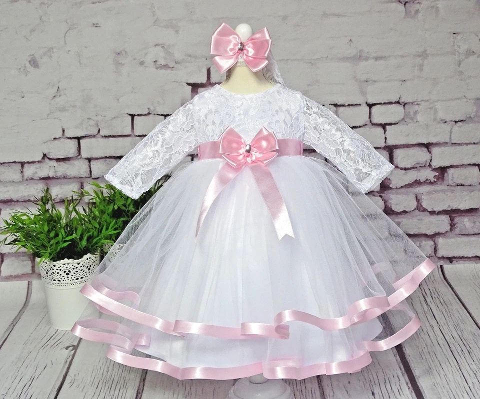 Taufkleid Festkleid mit Stirnband 2-tlg  Spitze Tüll Langarm ❤️Neuheit ❤️ - Bild 1 von 4