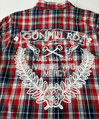 Akoo Genevieve Gunhill Rd Plaid Button Up Shirt XL Big Shots Patches Embroidered - Image 1 of 4