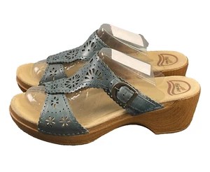 Dansko Sandals Blue Leather Size 41 (10.5-11) Floral Cut Out Slides Clogs Wedges - Picture 1 of 12