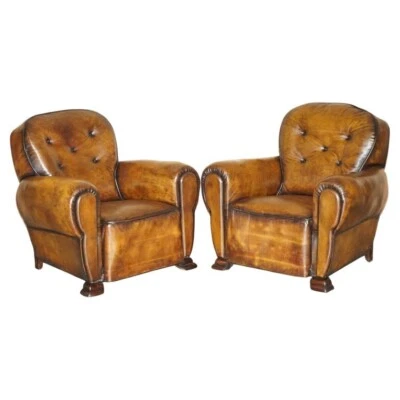 FINE ANTIQUE PAIR OF ART DECO FULLY RESTORED CIGAR BROWN LEATHER CLUB ARMCHAIRS - Image 1 of 4