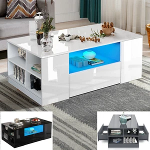 High Gloss Coffee Table With Storage 2 Drawer Wooden Living Room RGB LED Lights - Picture 1 of 28