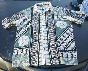 Men Hilo Hattie The Original Hawaiian Shirt Bark Cloth Tapa Beige Green Size 2XL - Picture 1 of 7