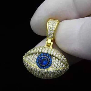 Evil Eye Pendant 14K Yellow Gold Plated 18" 2Ct Round Lab Created Blue Sapphire - Picture 1 of 5