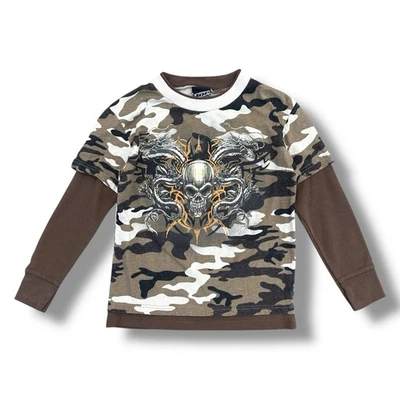 Y2K Top Heavy Skull & Dragon Camo Layered Long Sleeve T-Shirt YOUTH Small - Image 1 of 4