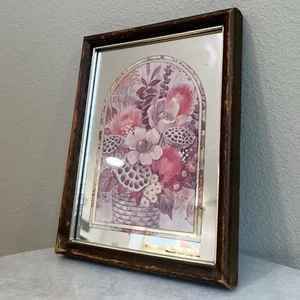 Vintage Flower Print On Mirror With Wood Frame 8.5” x 6.5” - Picture 1 of 6
