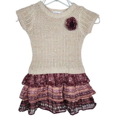 Blueberi Boulevard Girl's Beige Knit Dress with Floral Ruffle Hem Size 6/6X - Image 1 of 4