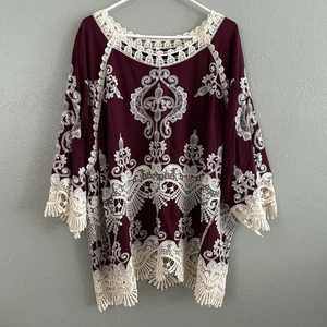 Leo & Nicole Embroidered Crochet Lace Blouse Size 3X Burgundy Red Top Boho NWT - Picture 1 of 9