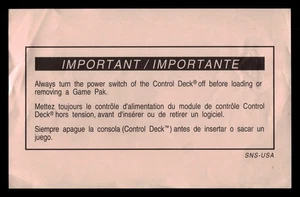 Nintendo SNES "Important Turn Off Control Deck When Inserting" Insert [SNS-USA] - Bild 1 von 2