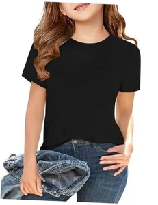 Girls Short Sleeve T Shirts Kids Summer Tops Crewneck Tees 5-14 7-8 Years Black - Picture 1 of 7