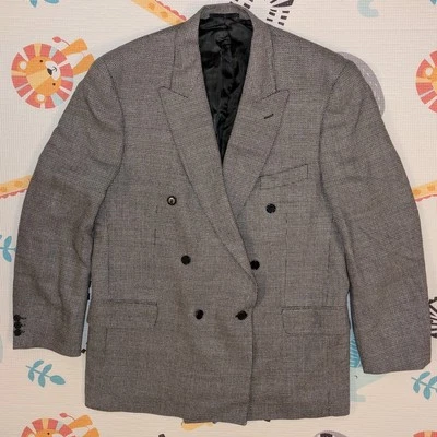 Jaeger Grey Wool & Silk Micro Dot Double Breasted Blazer Jacket XL Made In UK - Image 1 of 4