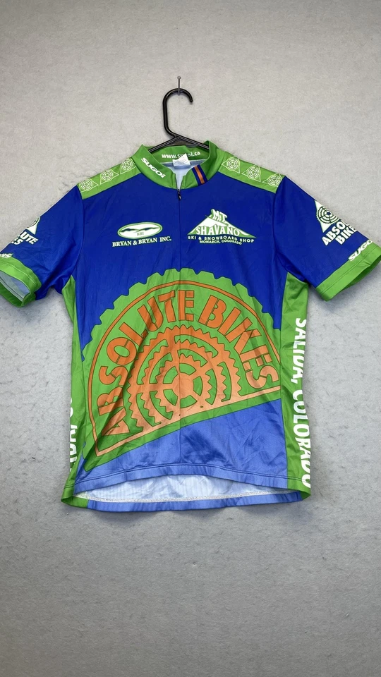 Camisa de ciclismo feminina Sugoi Absolute Bikes azul média verde zíper completo Salida CO - Imagem 1 de 4