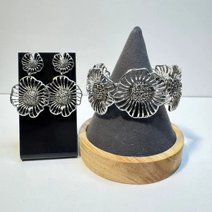 Mohnblume Armband & Ohrring Set Ohrhänger Armreif Armband silberfarben - Bild 1 von 12