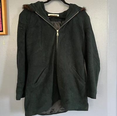 🌲 Abrigo Kristen Blake Studio Collection Mujer Largo Lana Cuello Piel VERDE OSCURO Foto 1 de 4