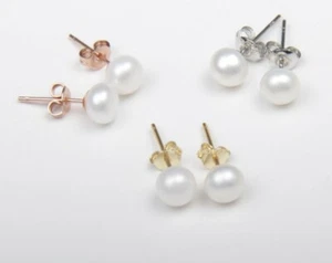 Genuine Gold Rose Gold Natural 8mm Freshwater Pearl Stud Earrings Gift Box - Picture 1 of 17