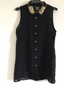 Blusa PARISINA Negra Chifón Adornada Cuello Cuentas Sin Mangas Reino Unido 12 - Imagen 1 de 5