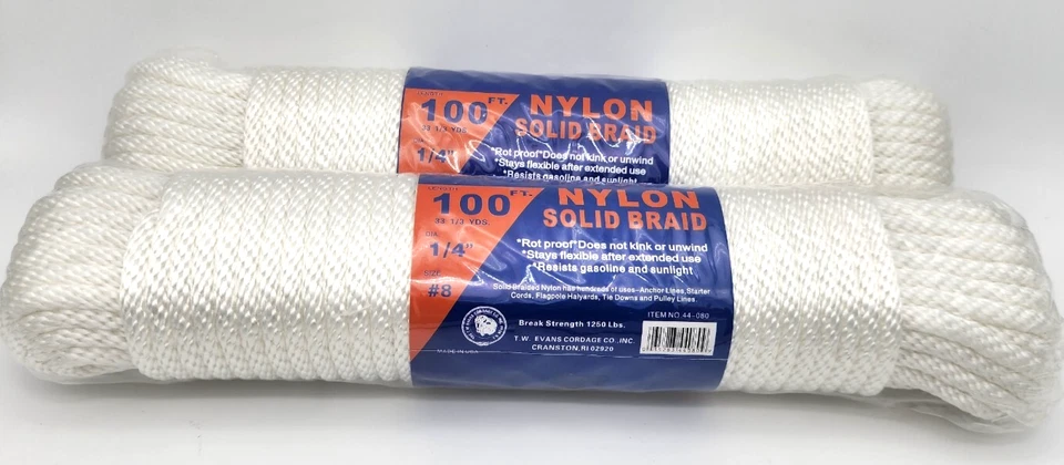 X2 100 ft T.W. Evans  Nylon Solid Braid 1/4" Size #8 Break Strength 1250 Lbs  - Image 1 of 1