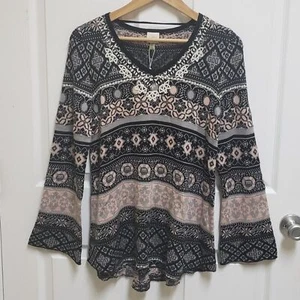 Cupio Sweater Womens S Fair Isle Knit Embroidered V Neck Flare Sleeve Boho New - Picture 1 of 10