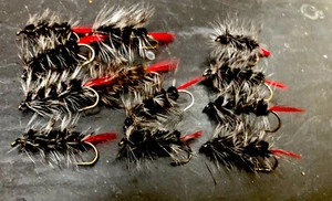 12 LIGAS BLACK WOOLY WORMS GRIZZLY HACKLE SZ 4 FLY FISHING FLIES STREAMERS - Picture 1 of 6
