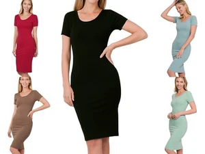 Women's Scoop Neck Premium Soft Cotton Short Sleeve Bodycon Fitted Midi Dress - Picture 1 of 19