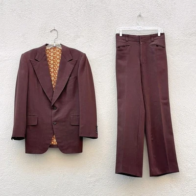 Vintage 70s Men's Hand Tailored Dark Brown Gabardine 2 Piece Suit 38S x 29W - Image 1 of 4