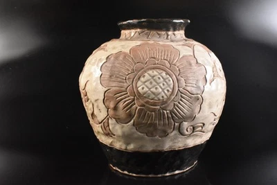 T6831: Japanese Old Seto-ware Youhen pattern Flower sculpture FLOWER VASE, auto - Image 1 of 4
