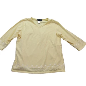 Denim & Co Shirt Womens Large Yellow 3/4 Sleeve Embroidered Floral Stretch Top - Picture 1 of 10
