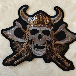 Viking Skull Horns Large Sew-on Back Patch Axe Norse Myth Embroidered Biker - Picture 1 of 8