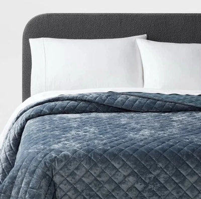 Full/Queen Luxe Diamond Stitch Velvet Quilt Slate Blue - Threshold NEW - Image 1 of 4