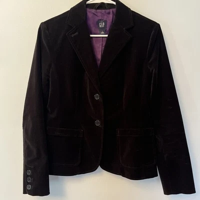 Blazer de terciopelo negro Gap, forro púrpura, ajustado, bolsillos de parche, para mujer talla 6 Foto 1 de 4