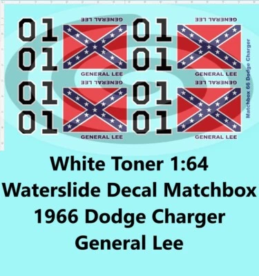 White Toner 1:64 Waterslide Decal for 1966 Dodge Charger General Lee - Image 1 of 4