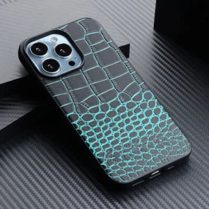 Genuine Leather Case For iPhone 14 Pro Max 13 Retro Crocodile Texture Back Cover - Picture 1 of 25
