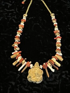 COLLANA FETISH TARTARUGA INTAGLIATA STILE NATIVO AMERICANO SW CORALLO/DIASPRO/CONCHIGLIA 14” - Foto 1 di 13